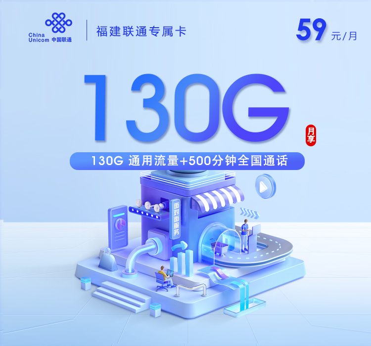 福建联通专属卡【59元130G+500分钟】仅发福州/厦门