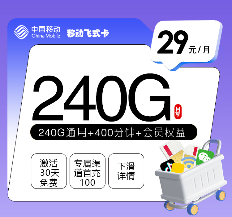 移动飞式卡【29元240G+400分钟+会员权益】【仅发河南】