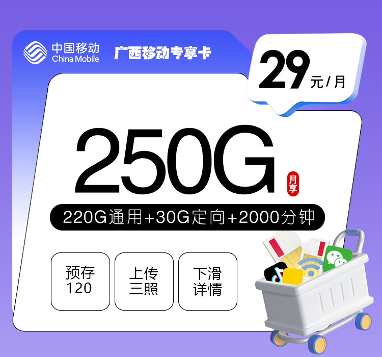 广西移动专享卡【29元250G+2000分钟】