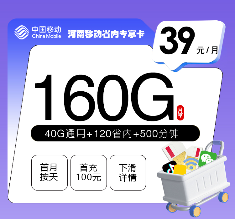 河南移动省内专享卡【39元160G+500分钟】