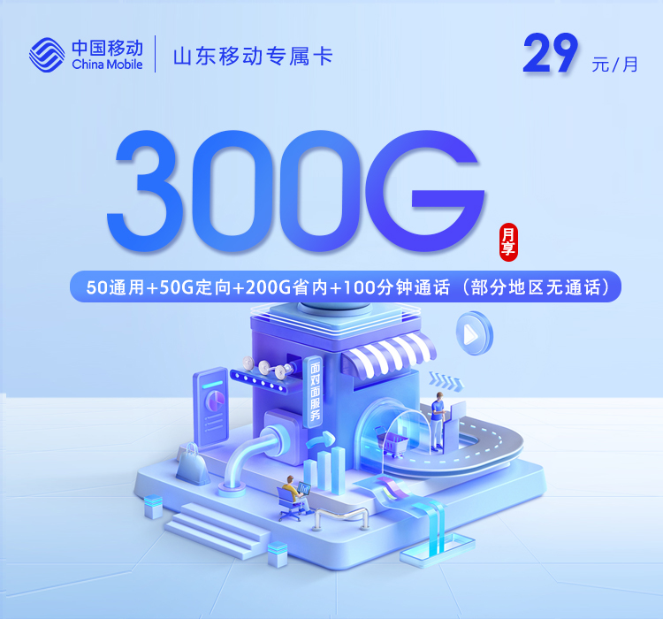山东专属移动卡【29元300G+100分钟】