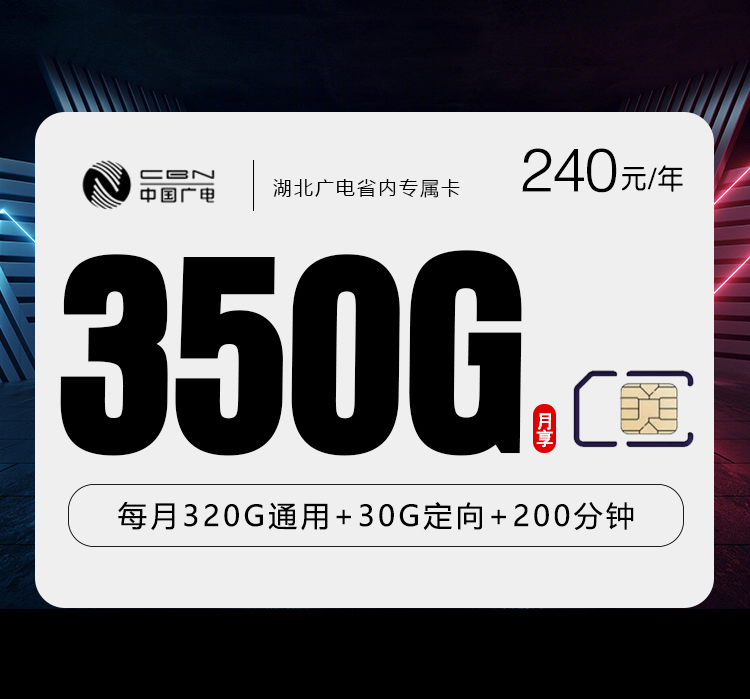 广电湖北包年卡【月均20元350G+200分钟】
