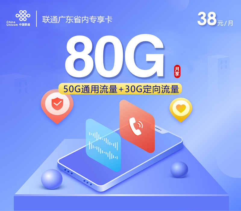 联通广东省内专享卡【38元80G】