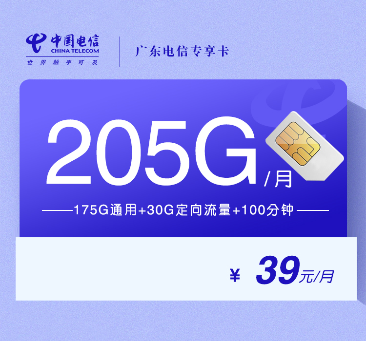 广东电信专享卡【39元205G+100分钟】