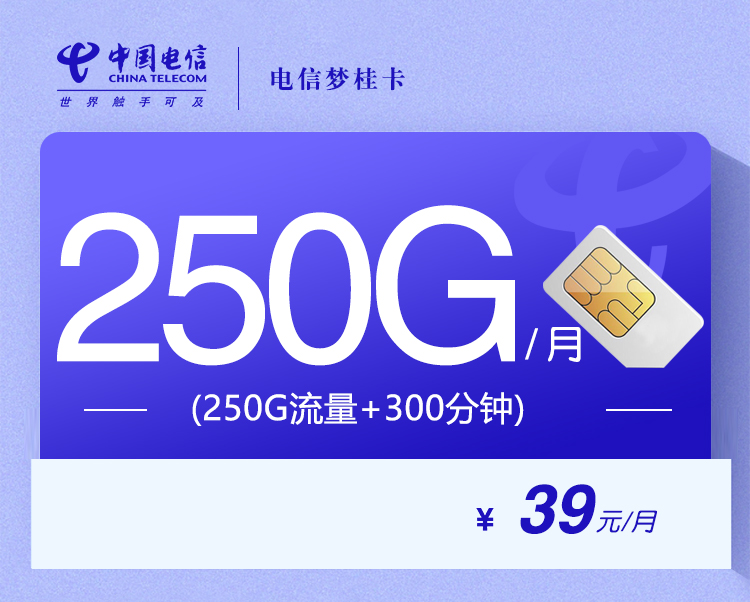 电信梦桂卡【39元250G+300分钟】【仅发广西】