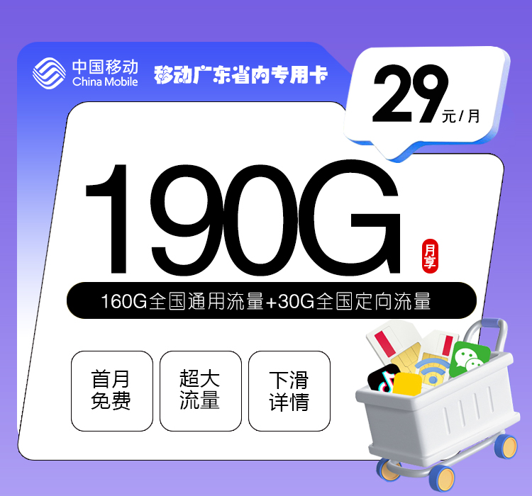 移动广东省内专用卡【两年29元190G】