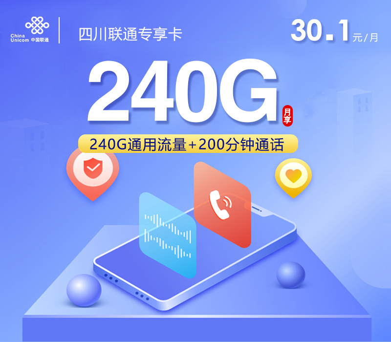 四川联通专享卡2.0【30.1元240G+200分钟】