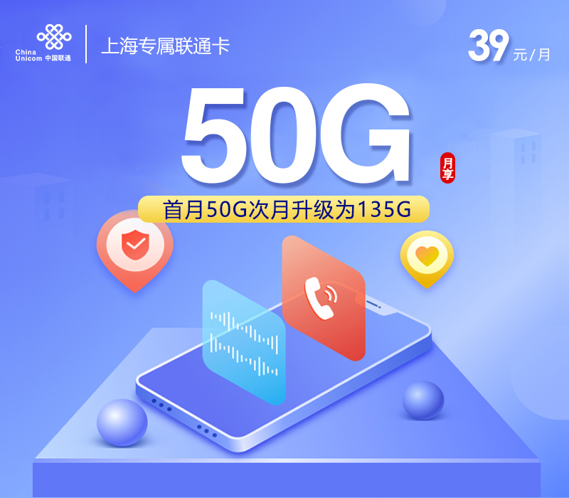 上海专属联通卡【39元50G】