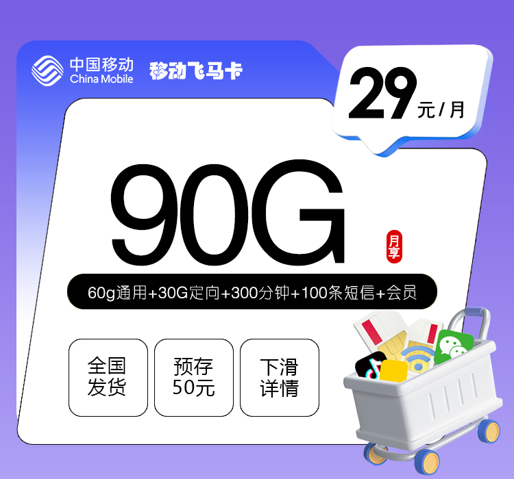 移动飞马卡【29元90G+300分钟+会员】