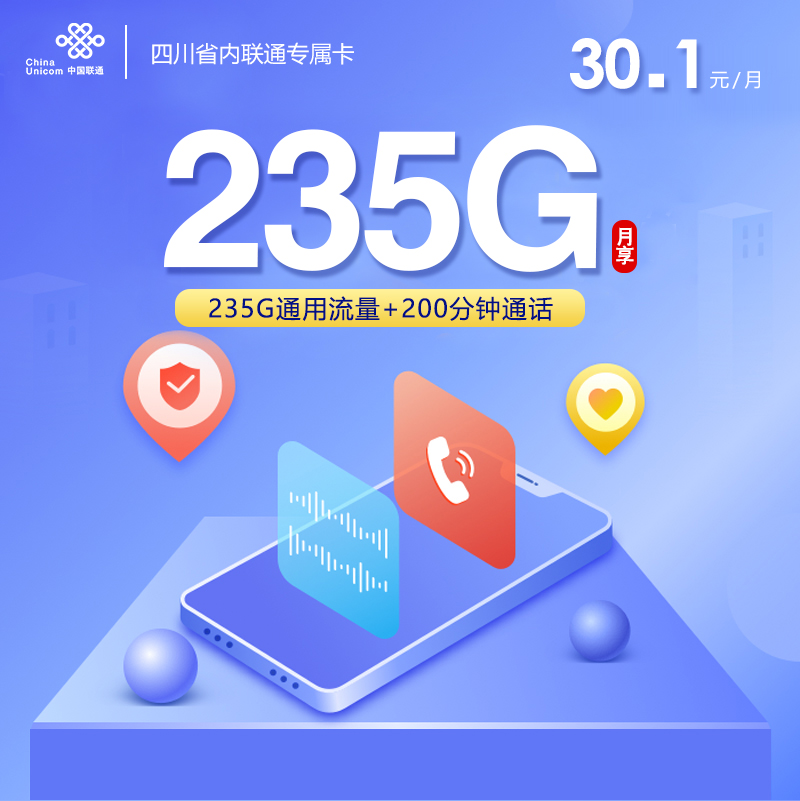 四川省内联通专属卡【30.1元235G+200分钟】