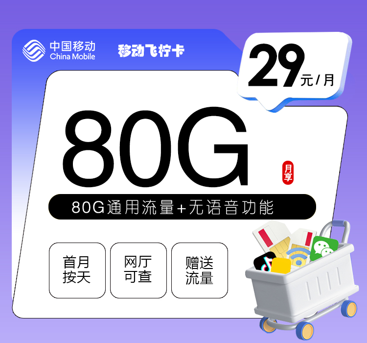 移动飞柠卡【29元80G】