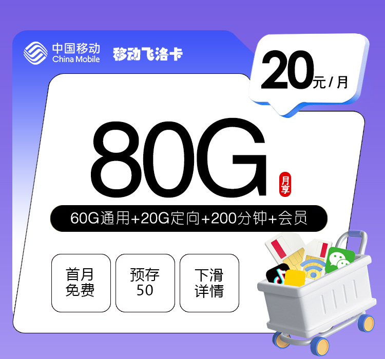 移动飞洛卡【20元80G+200分钟+会员】