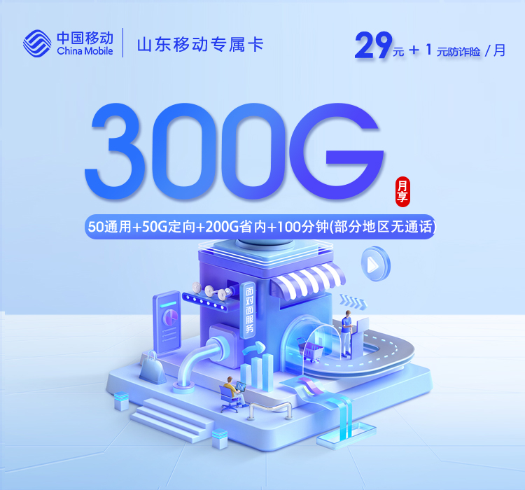 山东专属移动卡4.0【30元300G+100分钟】