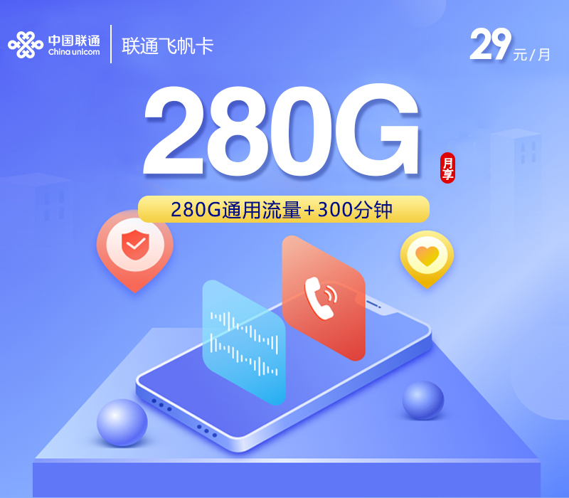 联通飞帆卡【29元280G+300分钟】