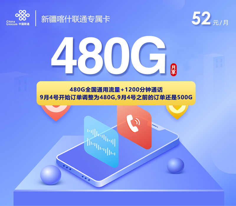 新疆喀什联通专属卡【52元480G+1200分钟】