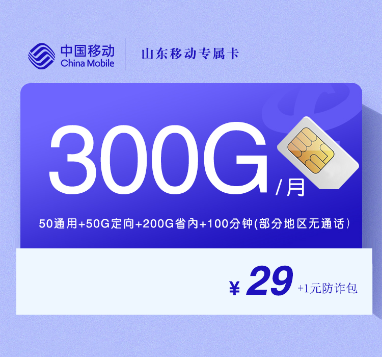 山东专属移动卡【30元300G+100分钟】