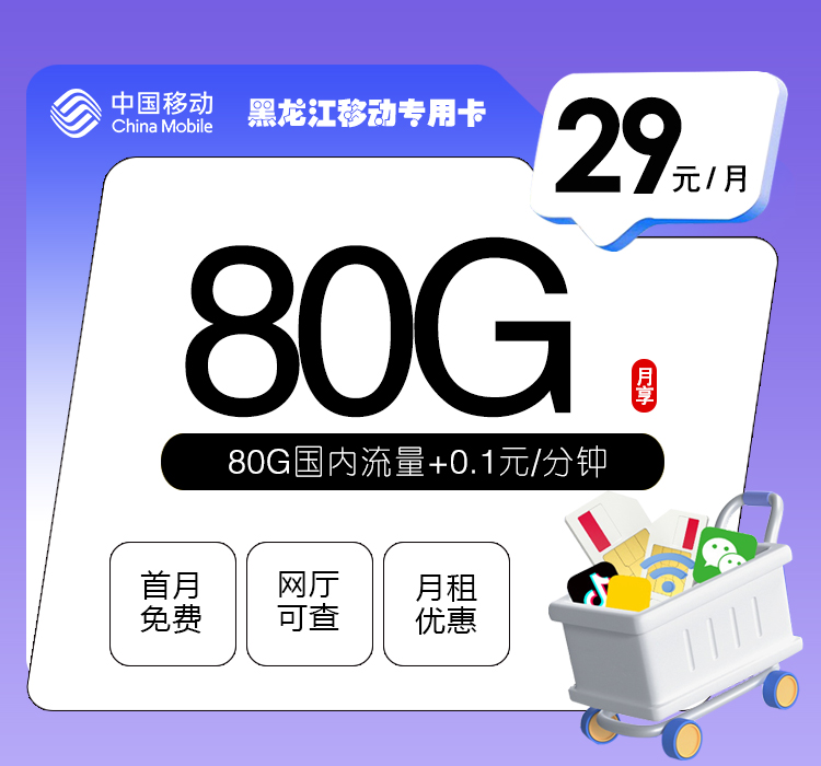 黑龙江移动专用卡【29元80G】