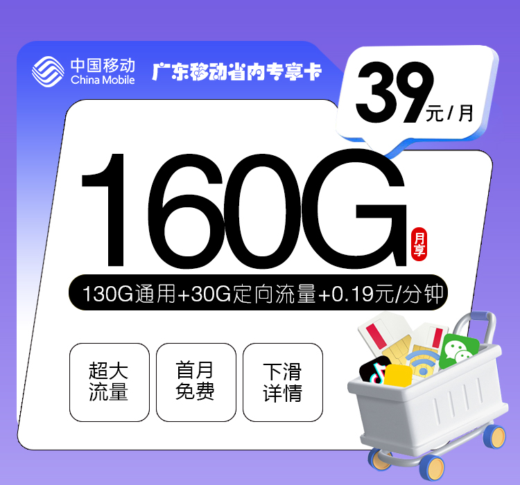 广东移动省内专享卡【39元160G】