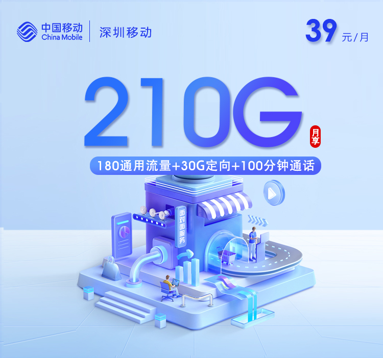 深圳移动专属卡2.0【39元210G+100分钟】