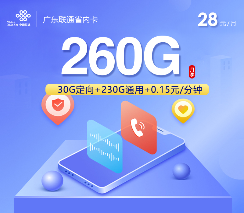 【新】广东联通省内卡【28元260G】