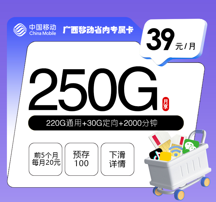 广西移动省内专属卡【39元250G+2000分钟】